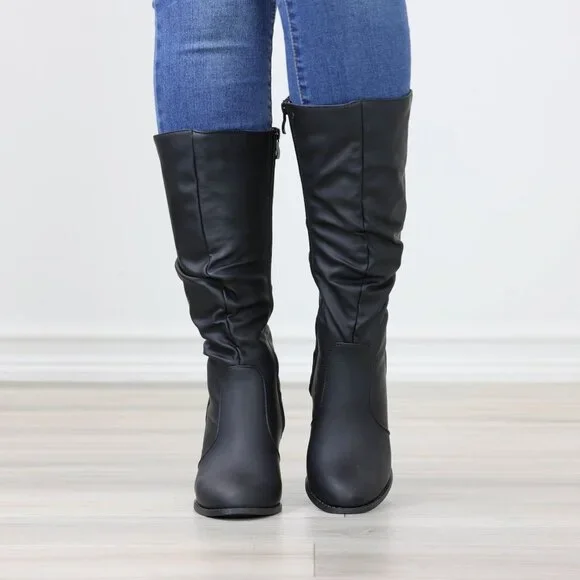 Black Mid-Calf Boots Faux leather Side Zip Block Heel Slouched Shaft - Picture 10 of 15